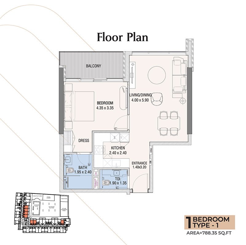 Hills View Wasl Gate 1-BR Apartment Floor Plan