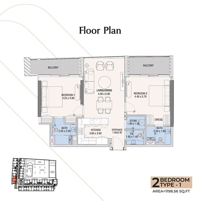 Hills View Wasl Gate 2-BR Apartment Floor Plan